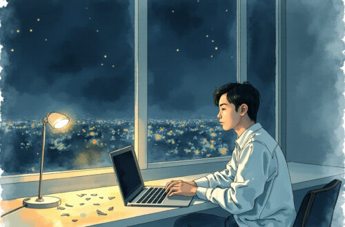 夜晚窗边的二壮水彩插画