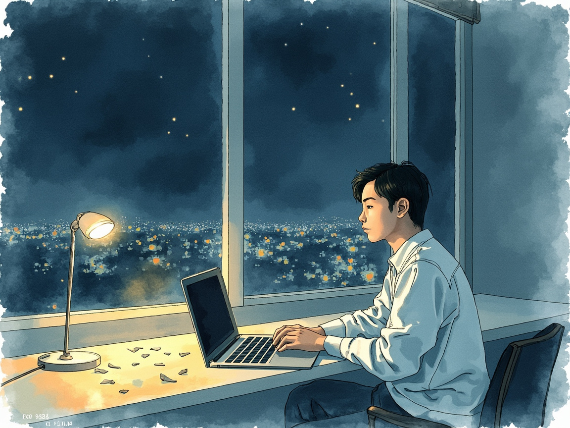 夜晚窗边的二壮水彩插画